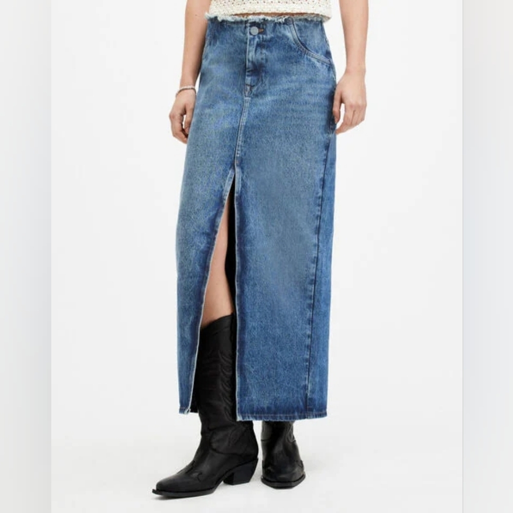 NEW Allsaints Cyra Frayed Waistband Maxi Denim Skirt, Size 10